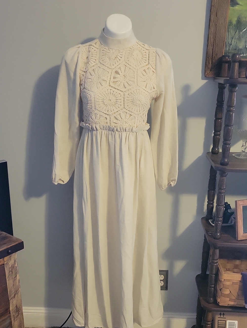 Cream Crochet Bodice Long Sleeve Maxi Dress...Size Medium/Large
